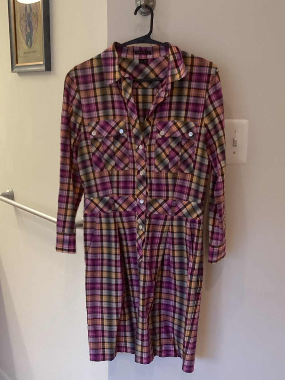 Theory Plaid Long-Sleeve Shirt Dress in Pink, Yellow and Purple